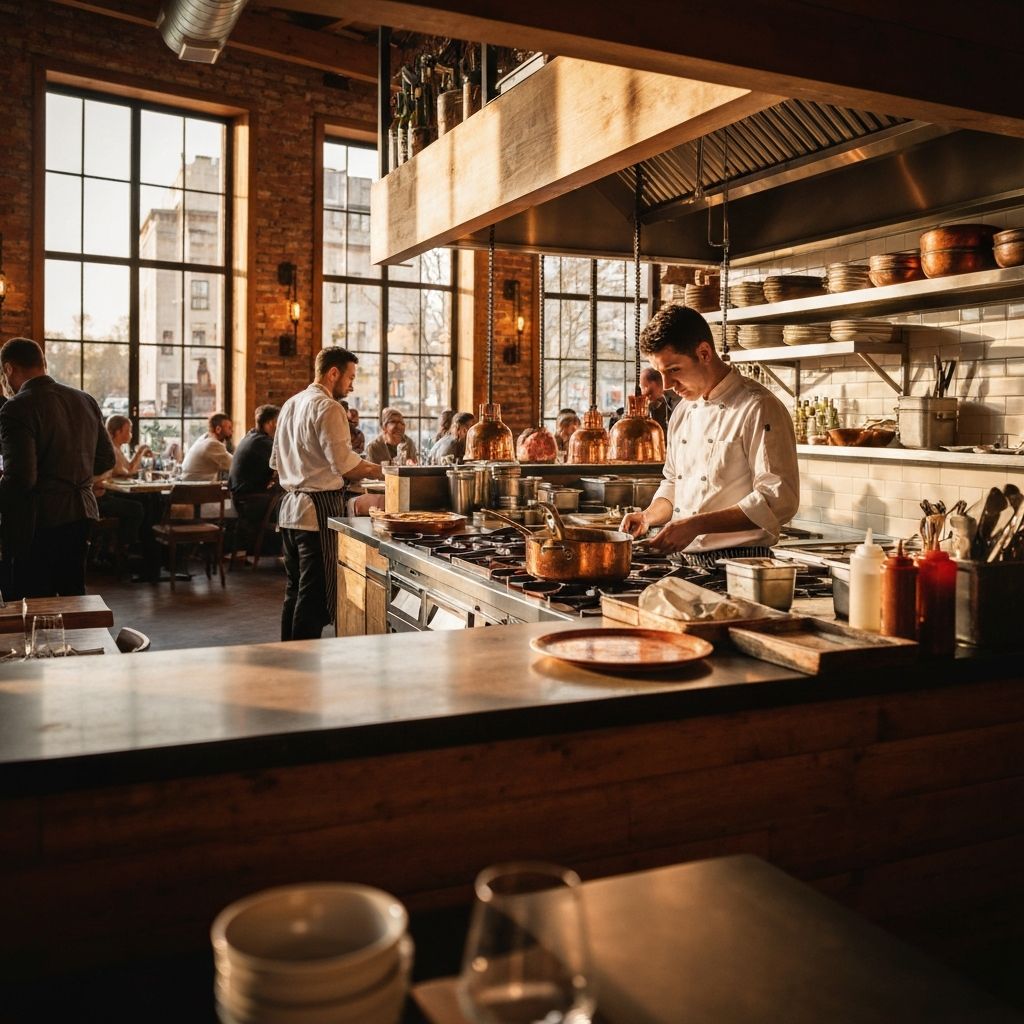 Restaurant kitchen with chef preparing food